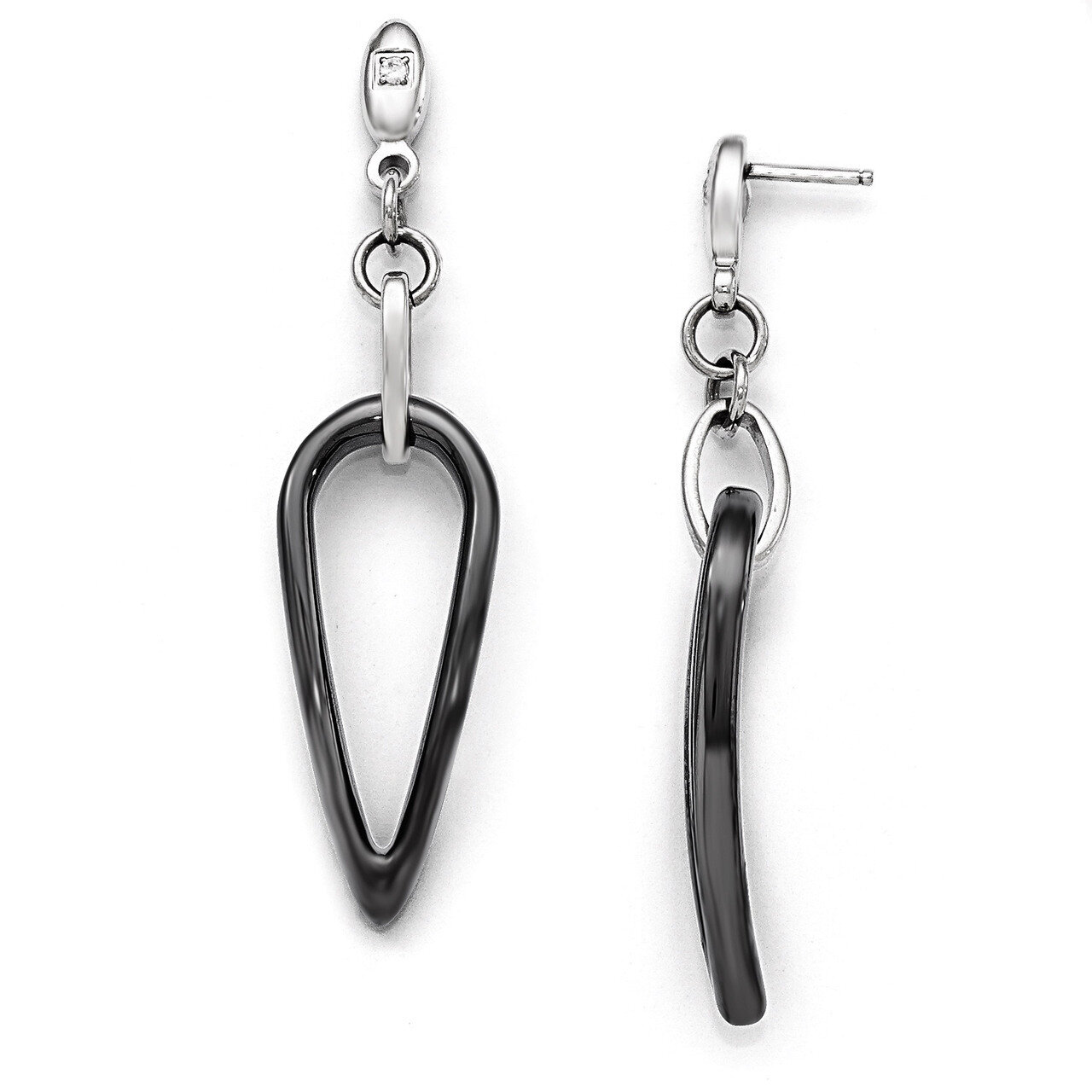 Polished Black Ceramic Synthetic Diamond Dangle Post Earrings - Stainless Steel SRE887 by Chisel, M…