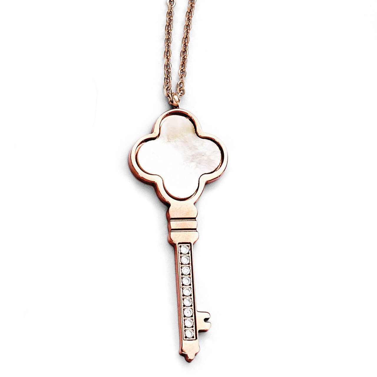 Polished Rose IP-plated Synthetic Diamond &amp; Mother of Pearl Key with 2 - Stainless Steel SRN1776-16