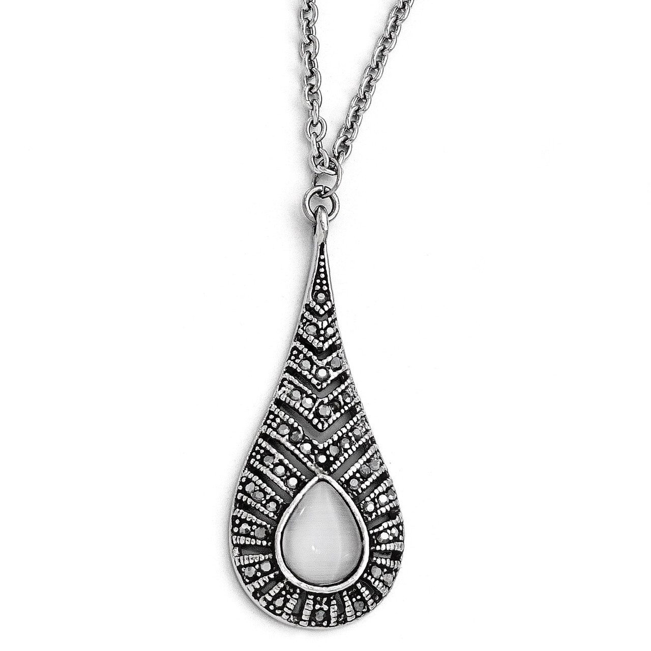 Polished Marcasite Cat's Eye Necklace - Stainless Steel SRN1780-18