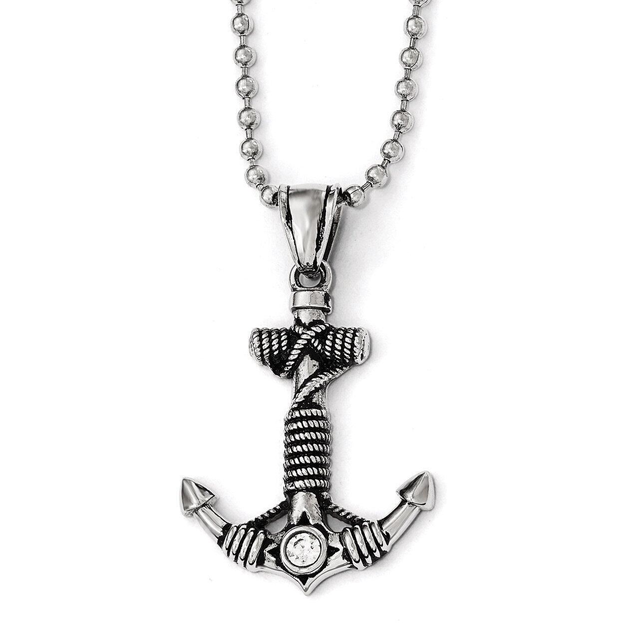 Polished and Antiqued with Synthetic Diamond Anchor Necklace - Stainless Steel SRN1783-20