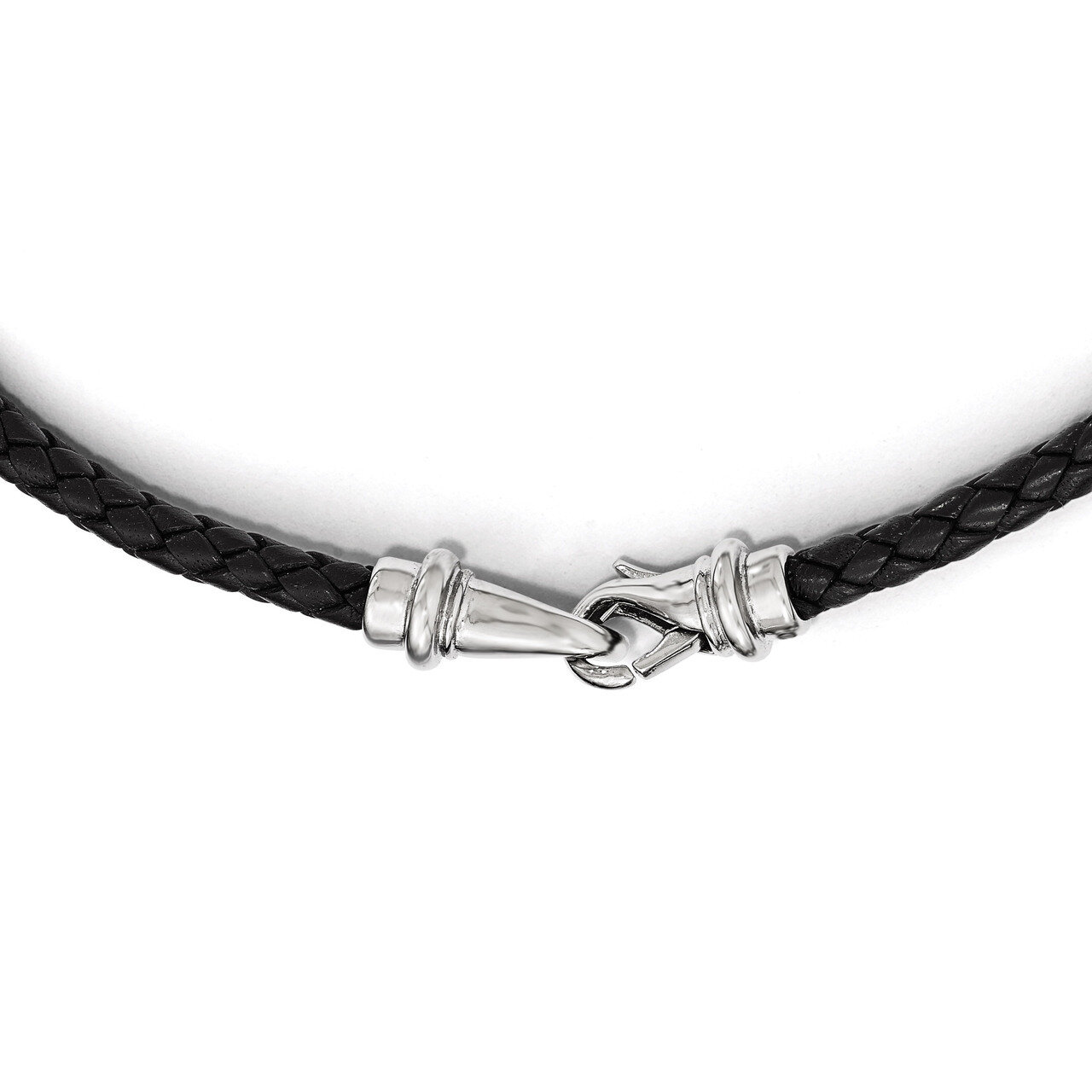 Polished Woven Black Leather Necklace - Stainless Steel SRN1802-16.25