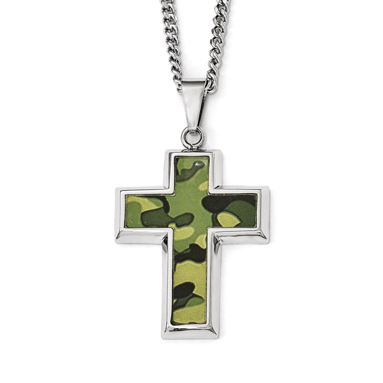 Polished Printed GreenCamo Under Rubber CrossNecklace - Stainless Steel SRN1806-22 by Chisel, MPN: …