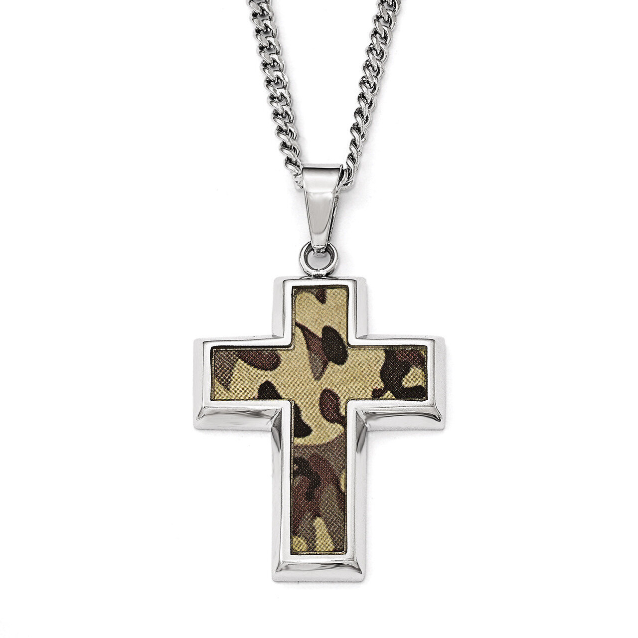 Polished Printed BrownCamo Under RubberCross Necklace - Stainless Steel SRN1807-22