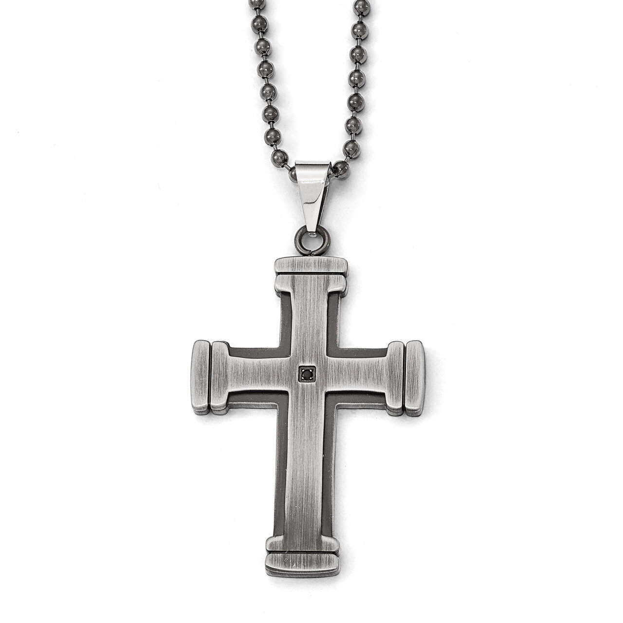 Antiqued Polished and Brushed Synthetic Diamond Cross Necklace - Stainless Steel SRN1823-22