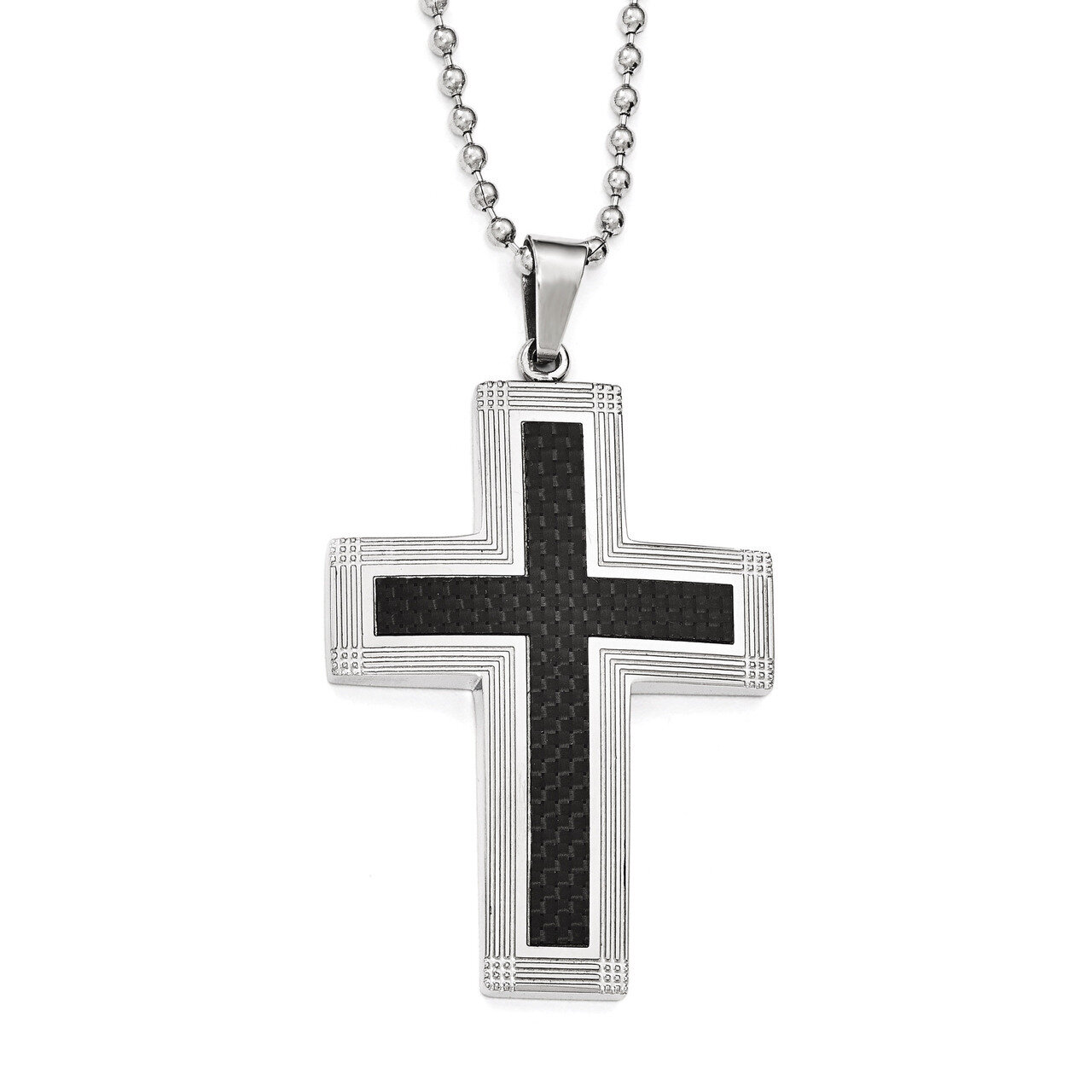 Polished Carbon Fiber Cross Necklace - Stainless Steel SRN1828-22