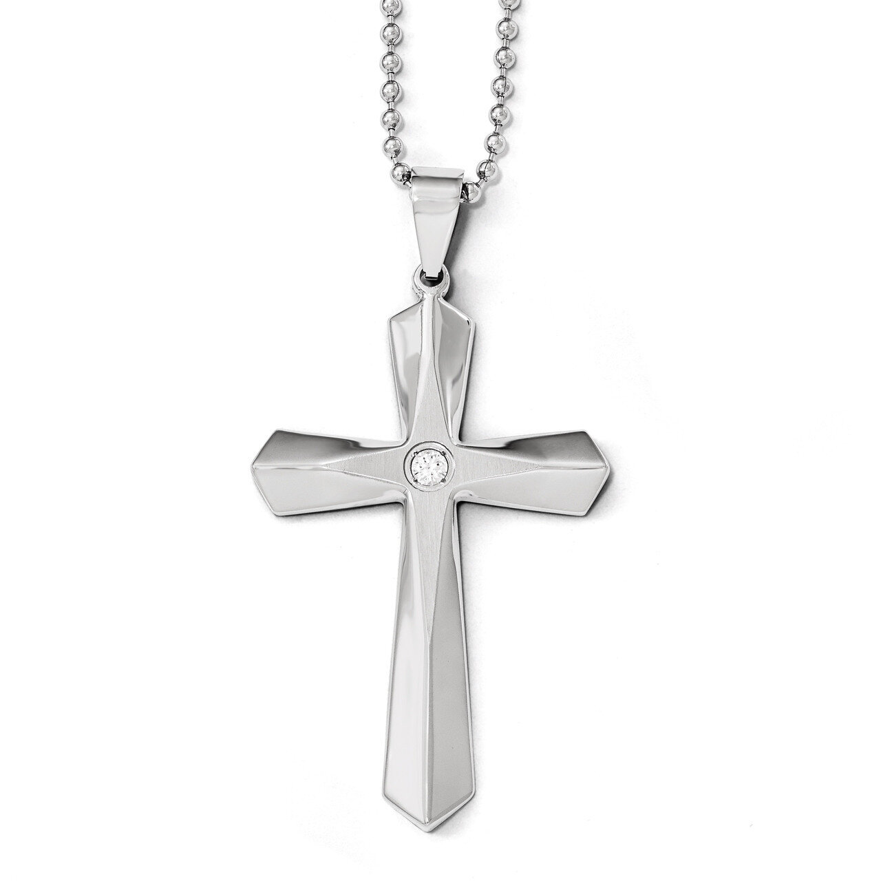 Polished and Brushed Synthetic Diamond Cross Necklace - Stainless Steel SRN1836-24 by Chisel, MPN: …