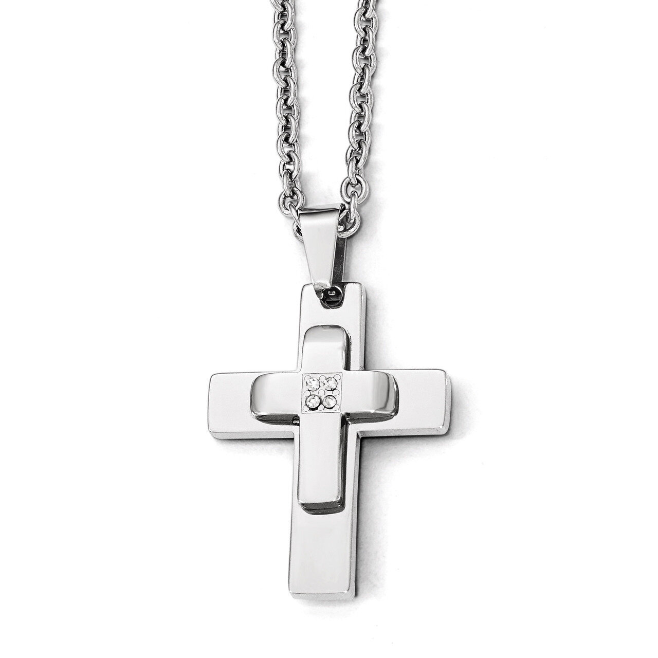 Polished Synthetic Diamond Cross Necklace - Stainless Steel SRN1840-22 by Chisel, MPN: SRN1840-22, …