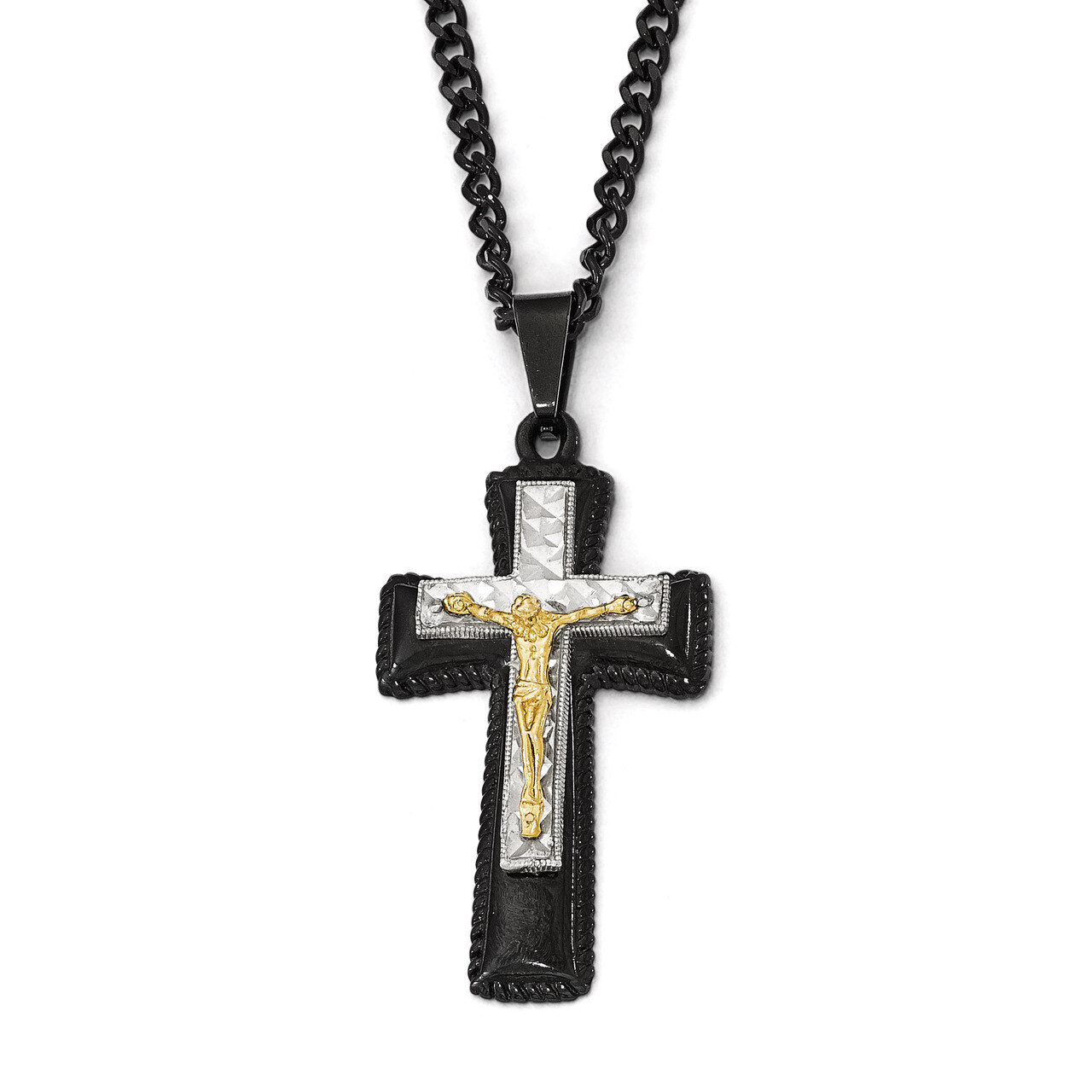 Black &amp; Yellow IP-plated with Silver IP Brass Crucifix Necklace - Stainless Steel SRN1941-24 by Chi…