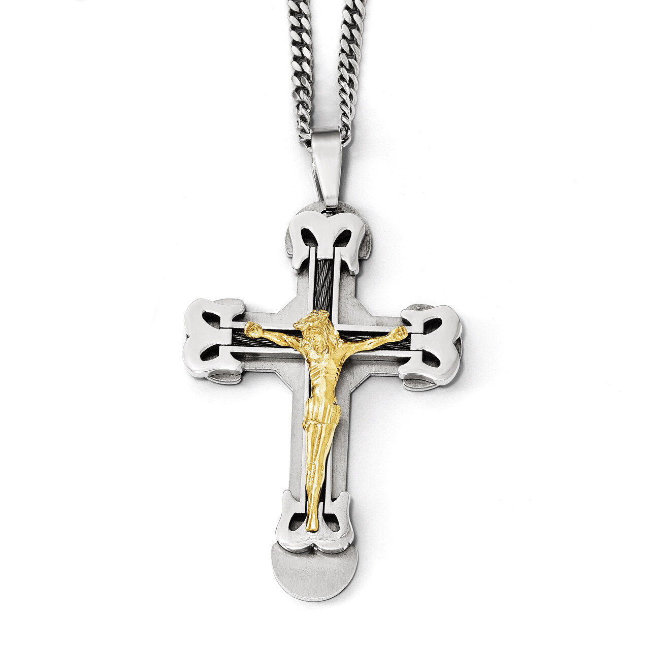Gold IP with Brushed &amp; Polished Cable Cross Necklace - Stainless Steel SRN1945-24 by Chisel, MPN: S…