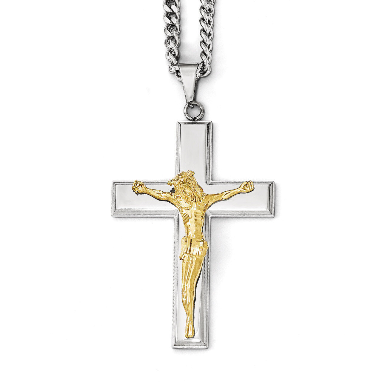 Polished Cross with Gold IP Jesus Necklace - Stainless Steel SRN1946-24 by Chisel, MPN: SRN1946-24,…
