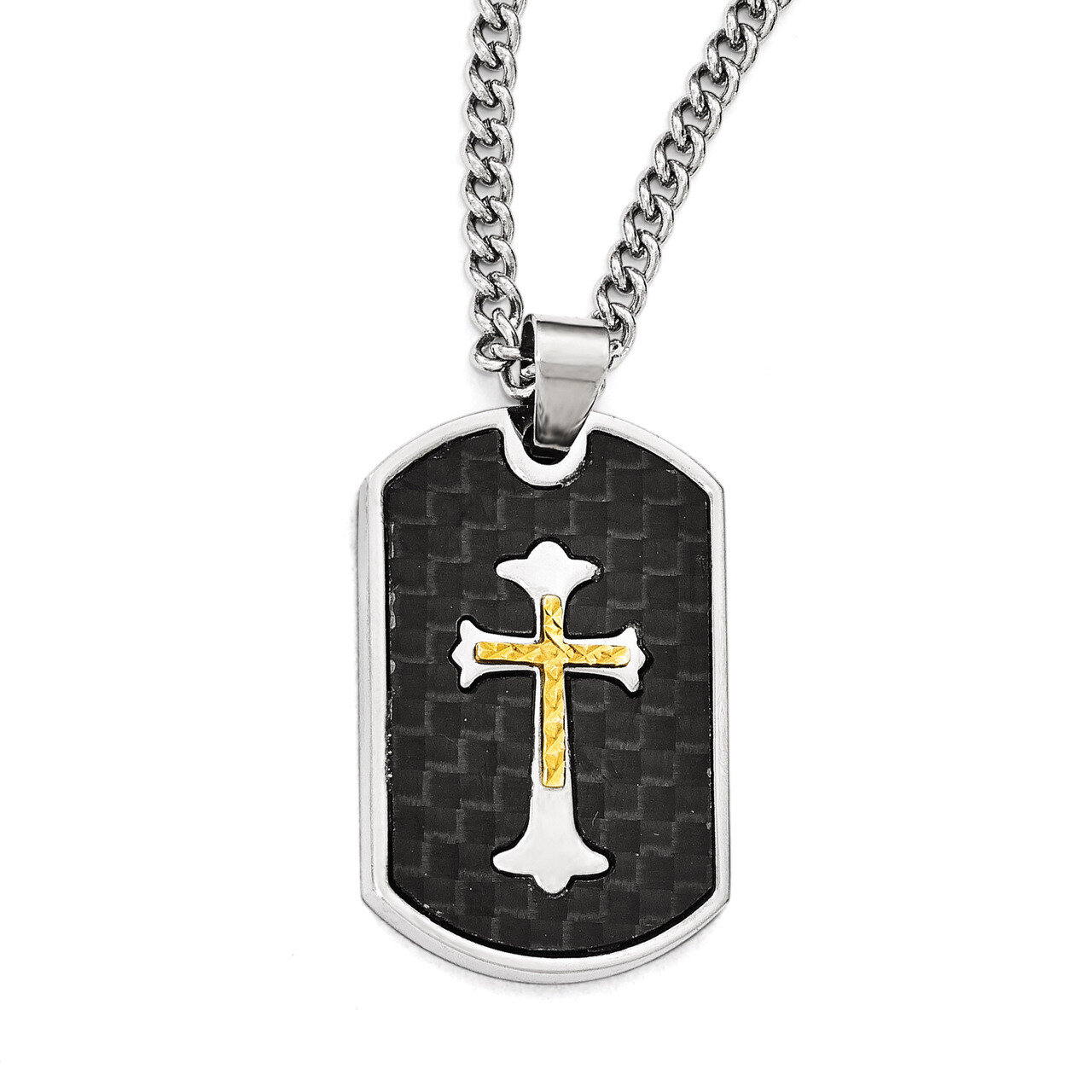 Carbon Fiber Gold IP-plated Diamond-cut Cross Necklace - Stainless Steel SRN1947-24