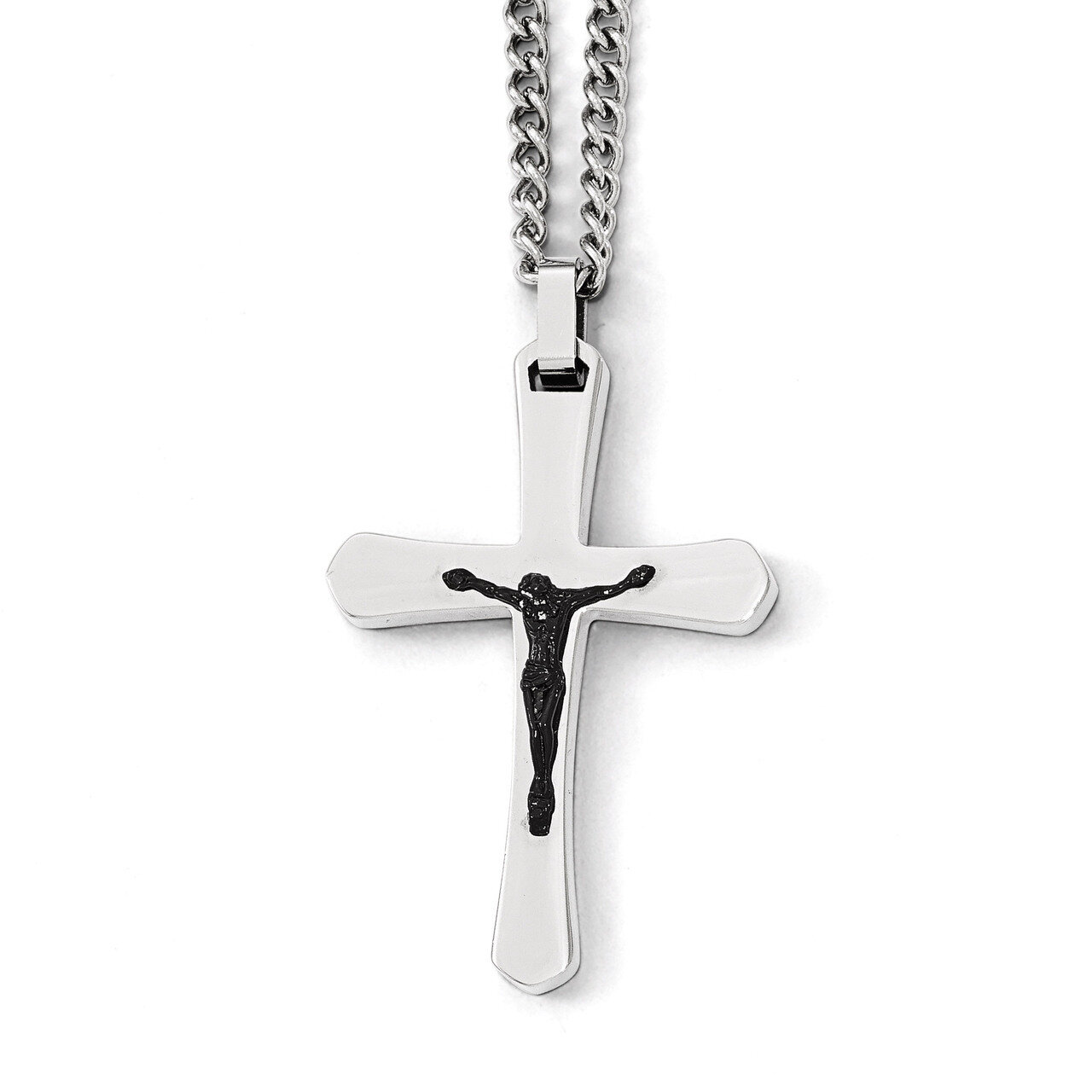 Polished Cross with Black IP Jesus Necklace - Stainless Steel SRN1948-24
