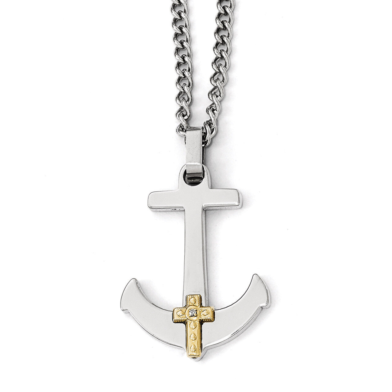 Polished with 14k Gold Diamond Cross Anchor Necklace - Stainless Steel SRN1949-24 by Chisel, MPN: S…