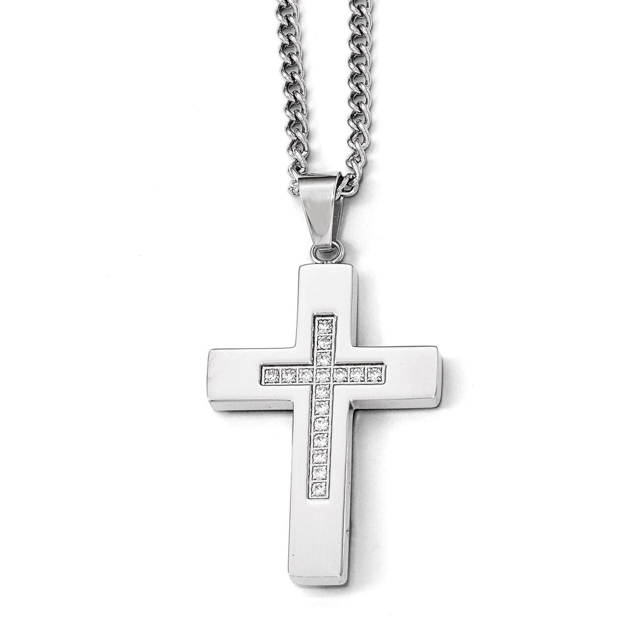 Polished Synthetic Diamond Cross Necklace - Stainless Steel SRN1961-24