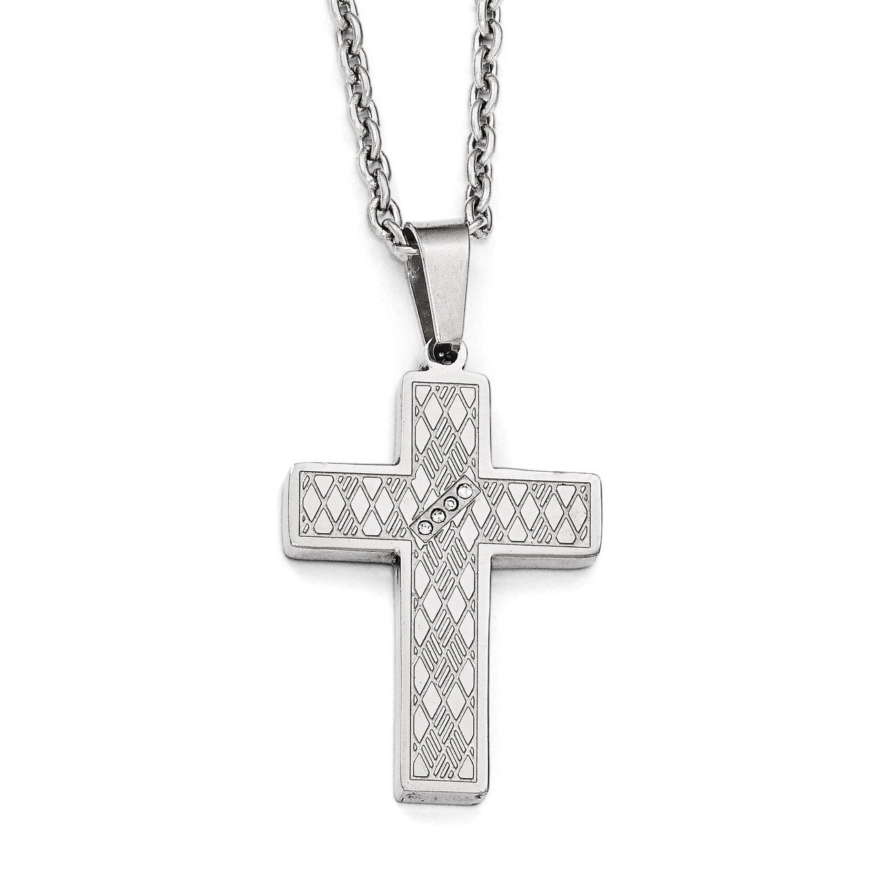 Polished &amp; Textured Synthetic Diamond Cross Necklace - Stainless Steel SRN1962-20 by Chisel, MPN: S…