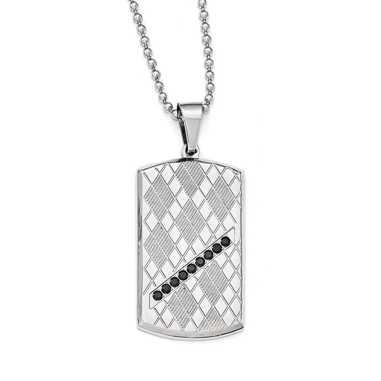 Polished & Textured Black Synthetic Diamond Dog Tag Necklace - Stainless Steel SRN1970-22