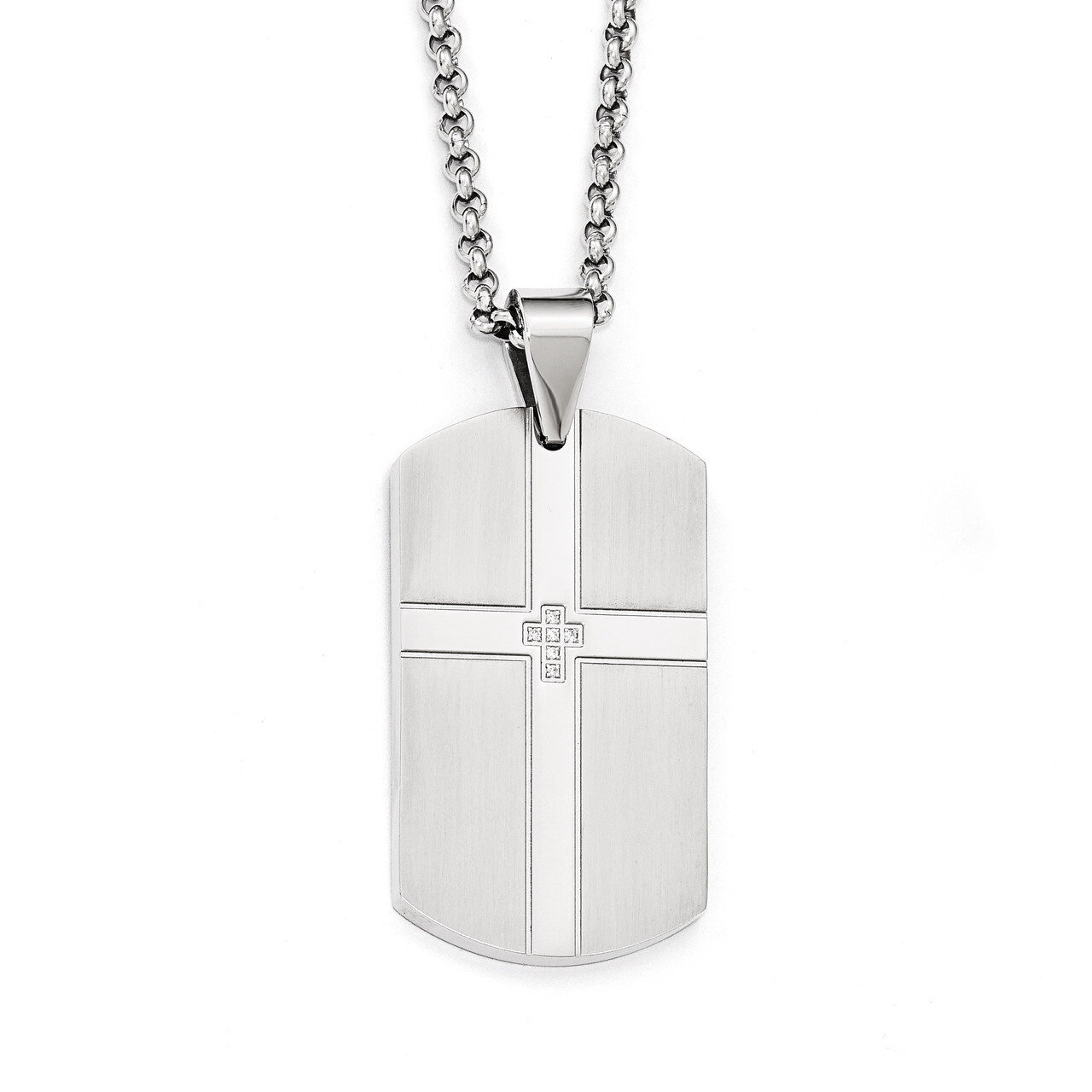Brushed and Polished with Synthetic Diamond Cross Dog Tag Necklace - Stainless Steel SRN1974-22 by …