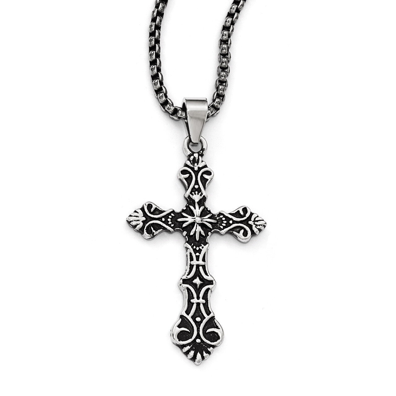 Polished and Antiqued Cross Necklace - Stainless Steel SRN1975-24