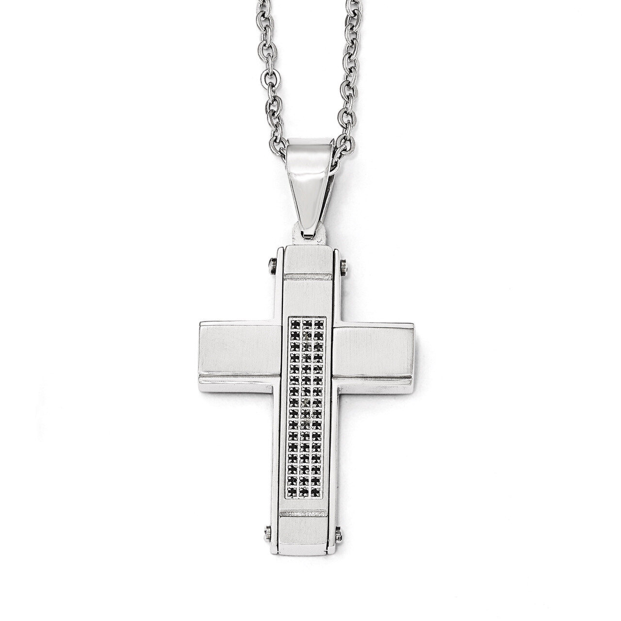 Brushed and Polished with Black Synthetic Diamond Cross Necklace - Stainless Steel SRN1980-24