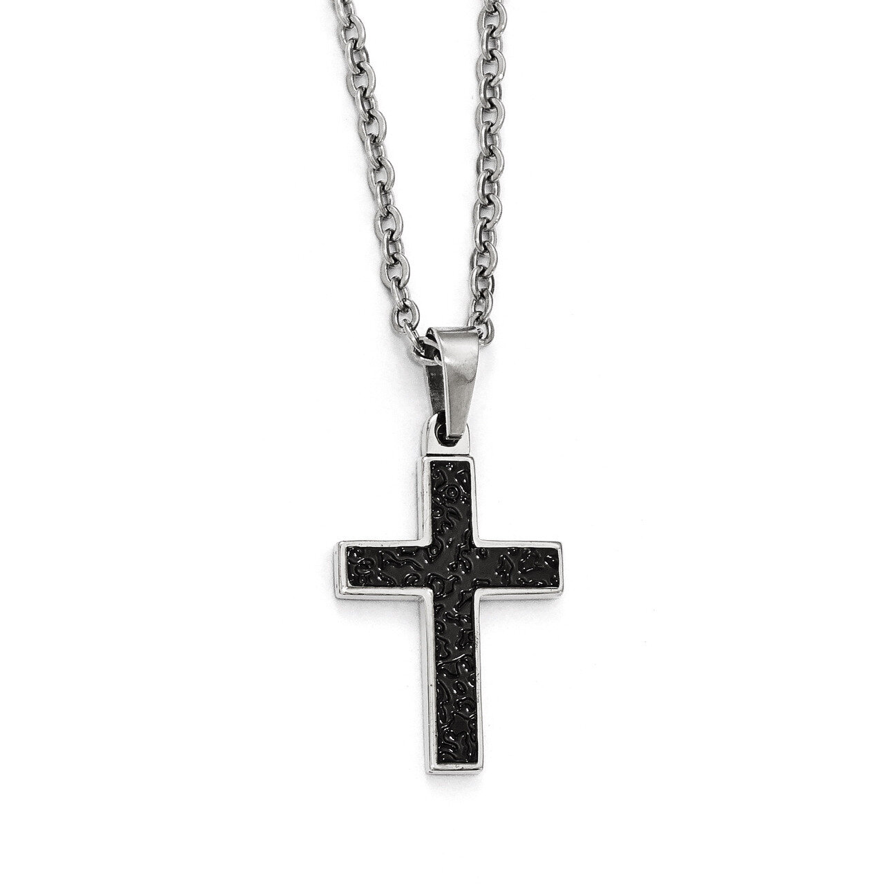 Polished and Textured Black IP-plated Cross Necklace - Stainless Steel SRN1986-24 by Chisel, MPN: S…