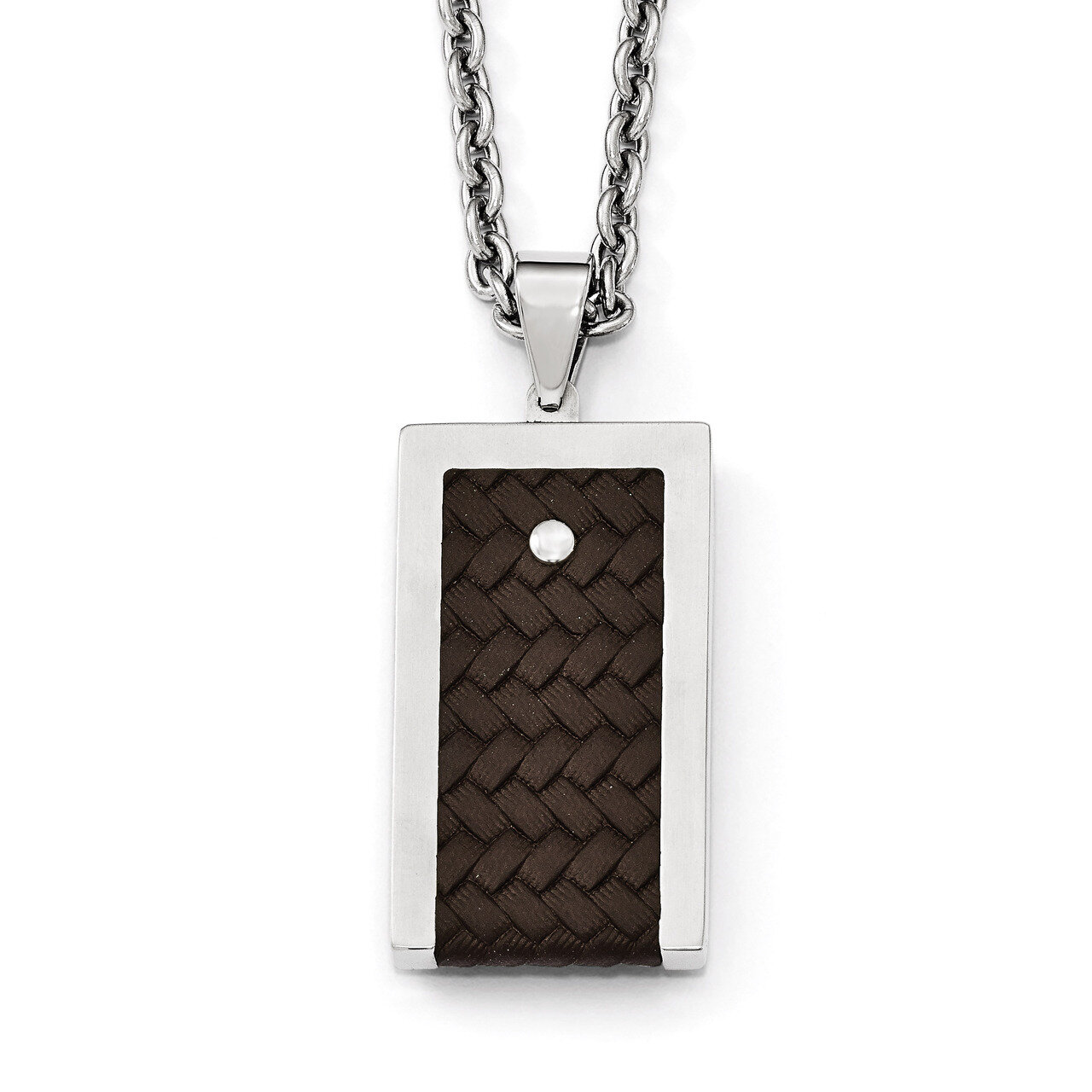 Reversible Brushed &amp; Polished with Brown Leather Necklace - Stainless Steel SRN1992-24 by Chisel, M…