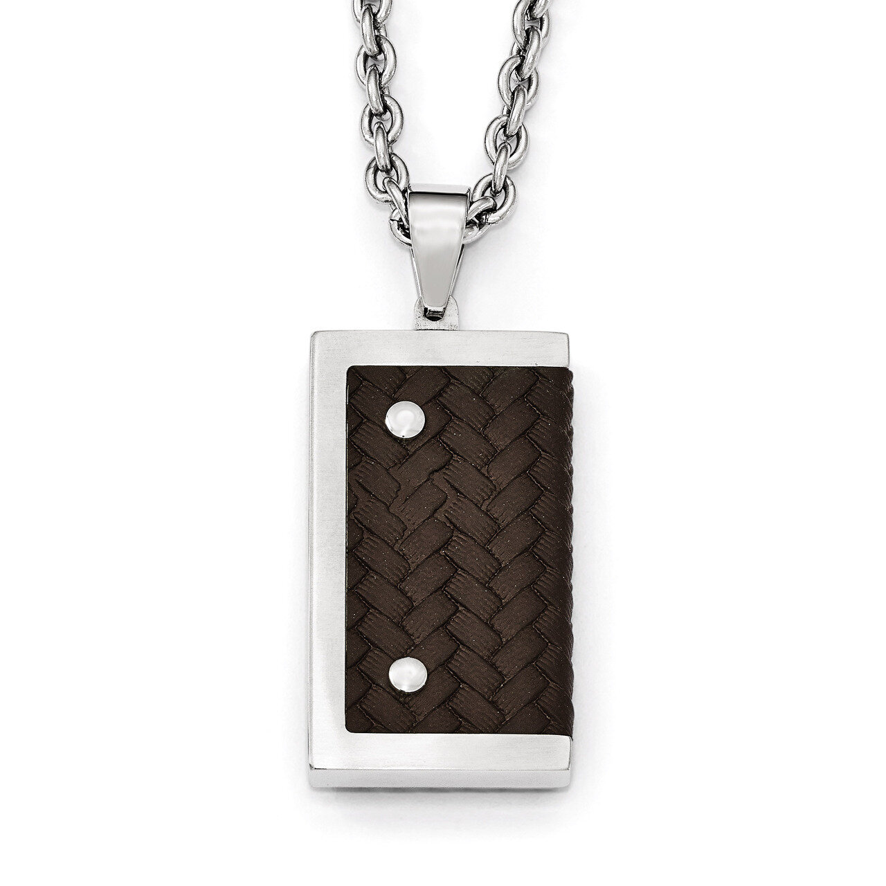 Reversible Brushed & Polished with Brown Leather Necklace - Stainless Steel SRN1993-24