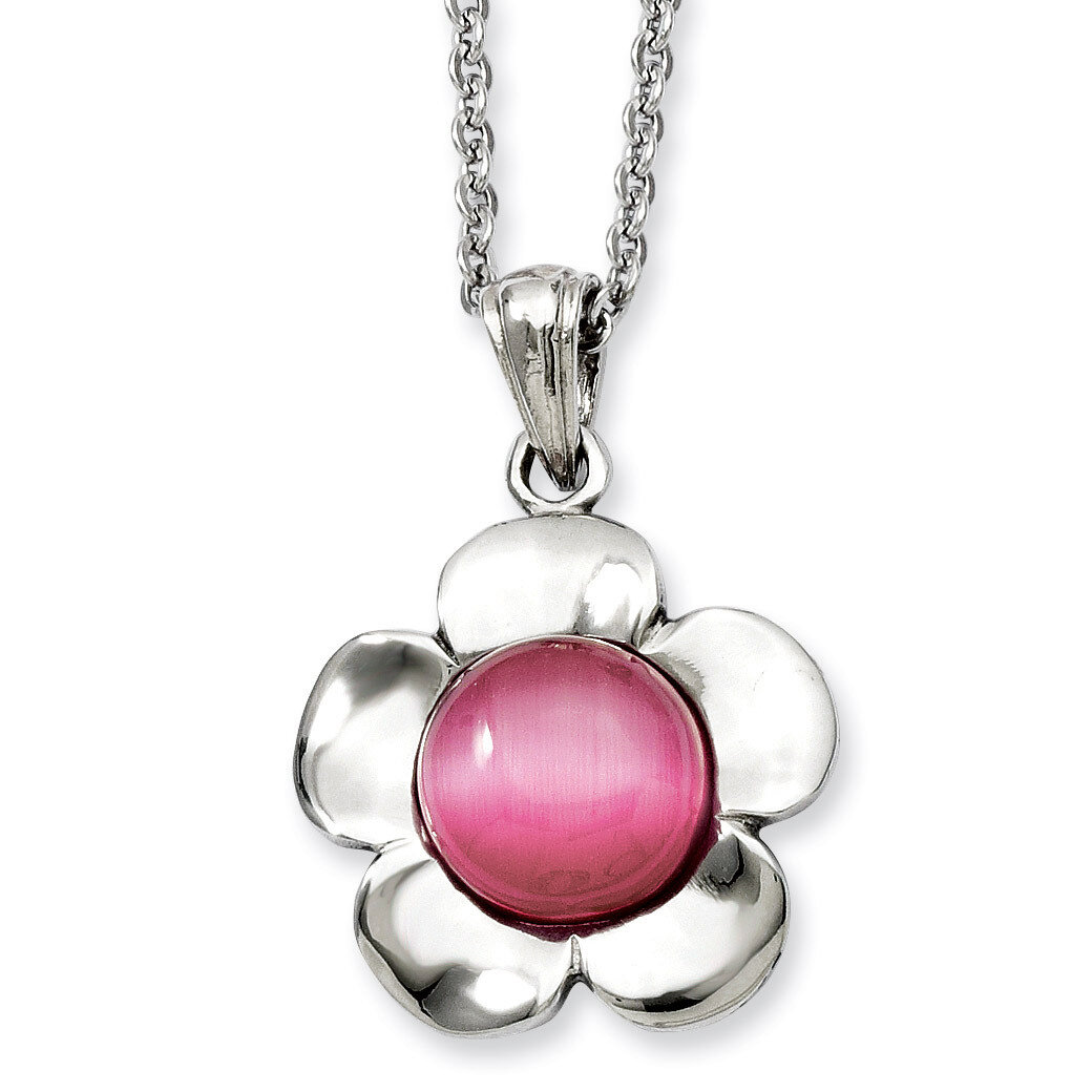 Flower with Pink Cat's Eye Pendant Necklace - Stainless Steel SRN893