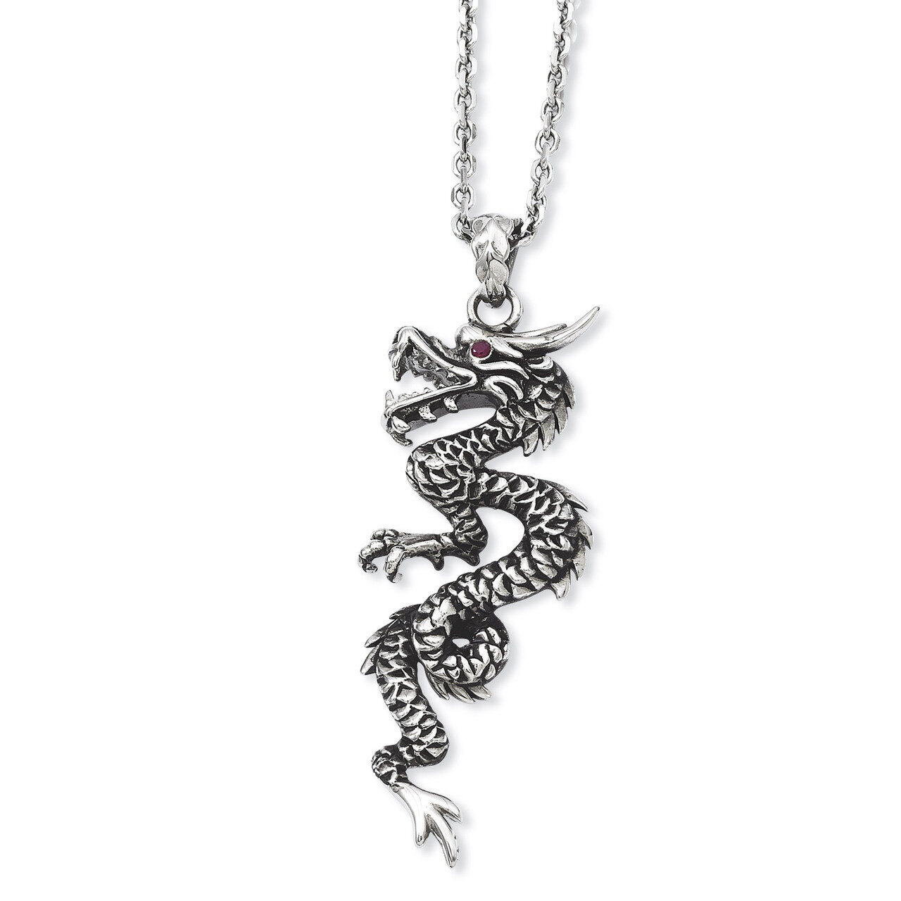 Antiqued Dragon with Red Synthetic Diamond Eye with Extension Necklace - Stainless Steel SRN927