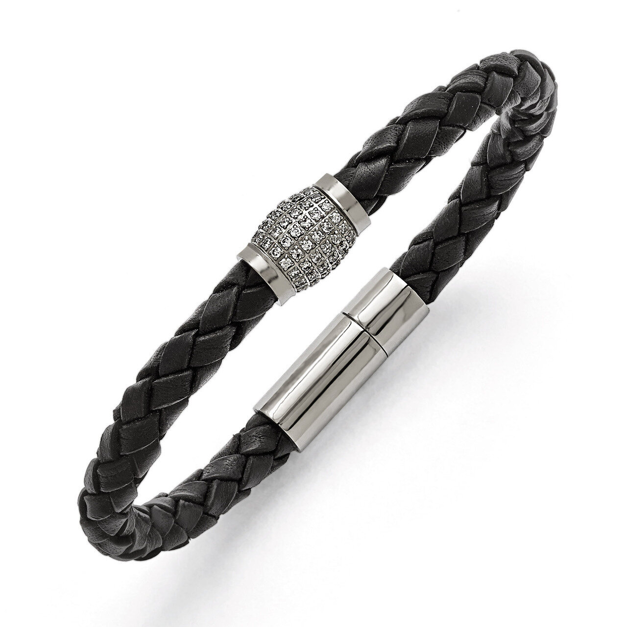 Polished Synthetic Diamonds Black Leather Bracelet - Titanium TBB154 by Chisel, MPN: TBB154, 191101…