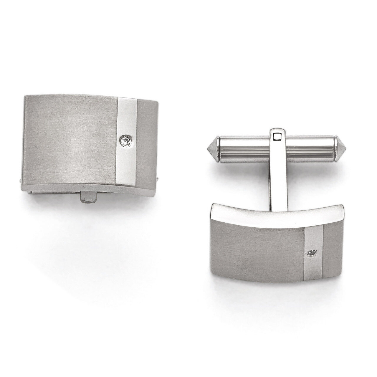 Brushed and Polished Clear Synthetic Diamond Cufflinks - Titanium TBC119