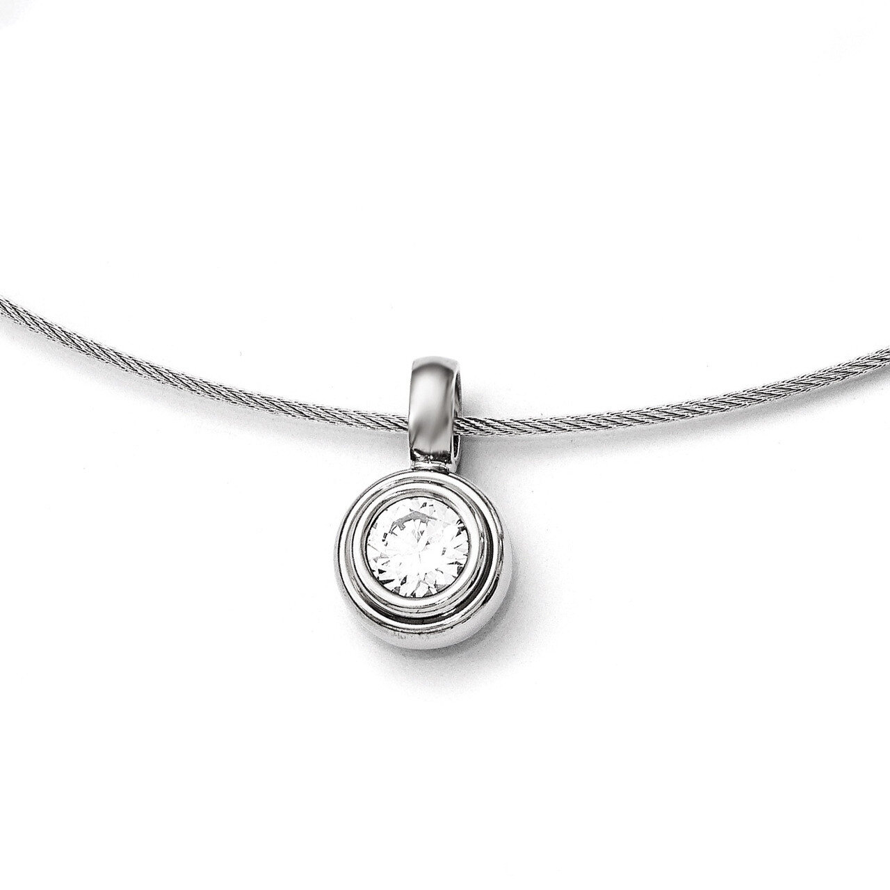 Synthetic Diamond Pendant with Polished Stainless Steel Wire Necklace - Titanium TBN178-17 by Chise…