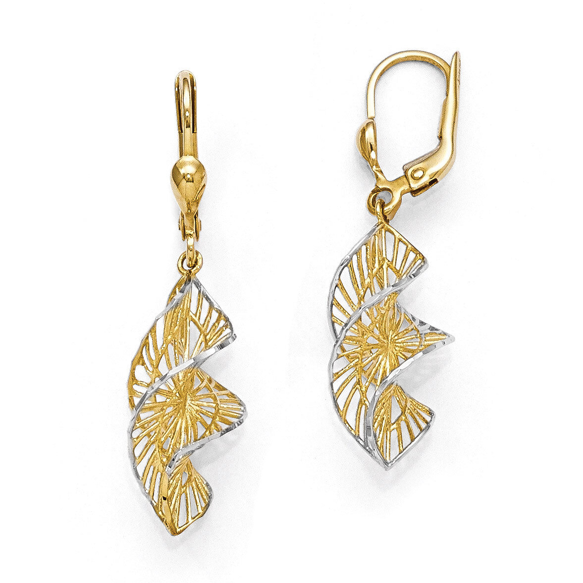 White Rhodium Textured and Diamond-cut Leverback Earrings - 14k Gold HB-LE668