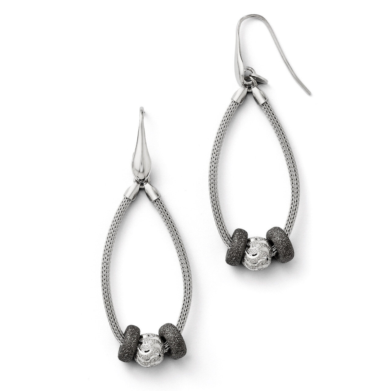 Leslie&#39;s Diamond-cut Three Beaded Mesh Shepherd Hook Earrings - Sterling Silver HB-QLE105, MPN: QLE…