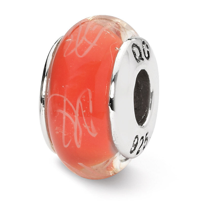 Orange White Scribbles Hand-blown Glass Bead - Sterling Silver QRS1298