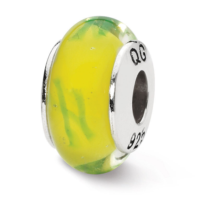 Yellow with Green Scribbles Hand-blown Glass Bead - Sterling Silver QRS1309