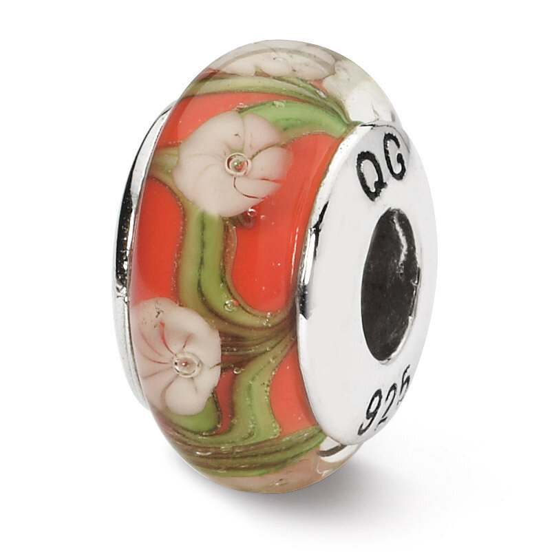 Red White Floral Hand-blown Glass Bead - Sterling Silver QRS1313, MPN: QRS1313, 883957302737