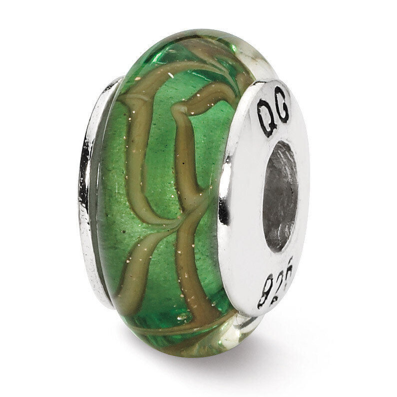 Light Green Tan Swirl Hand-blown Glass Bead - Sterling Silver QRS1319