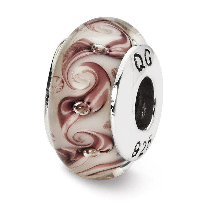 White Mauve Swirl Hand-blown Glass Bead - Sterling Silver QRS1351