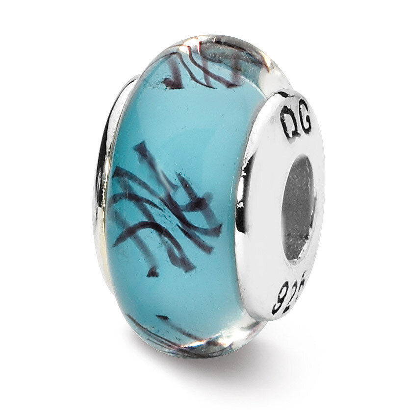 Blue Black Scribble Hand-blown Glass Bead - Sterling Silver QRS1371