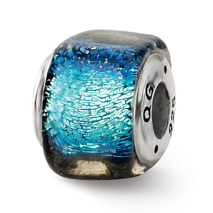 Blue Dichroic Glass Square Bead - Sterling Silver QRS1487