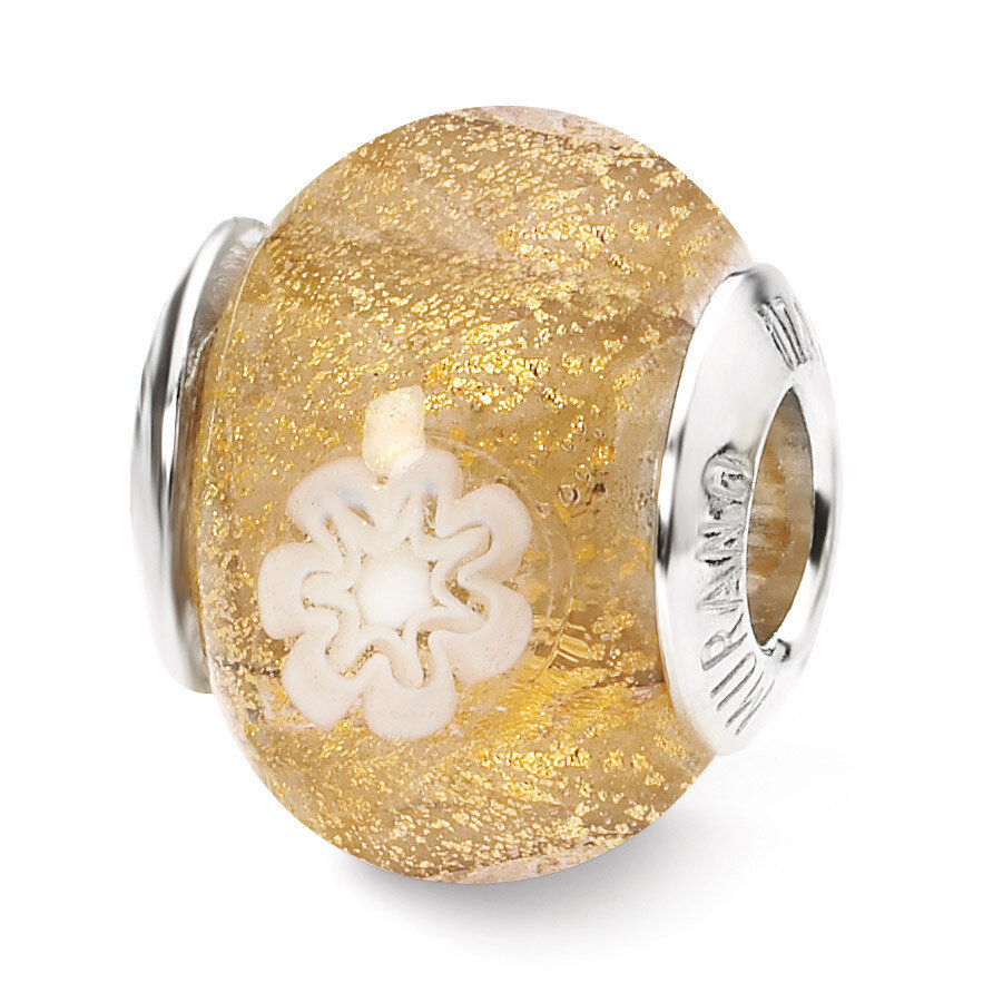 Gold White Flower Murano Bead - Sterling Silver QRS1764