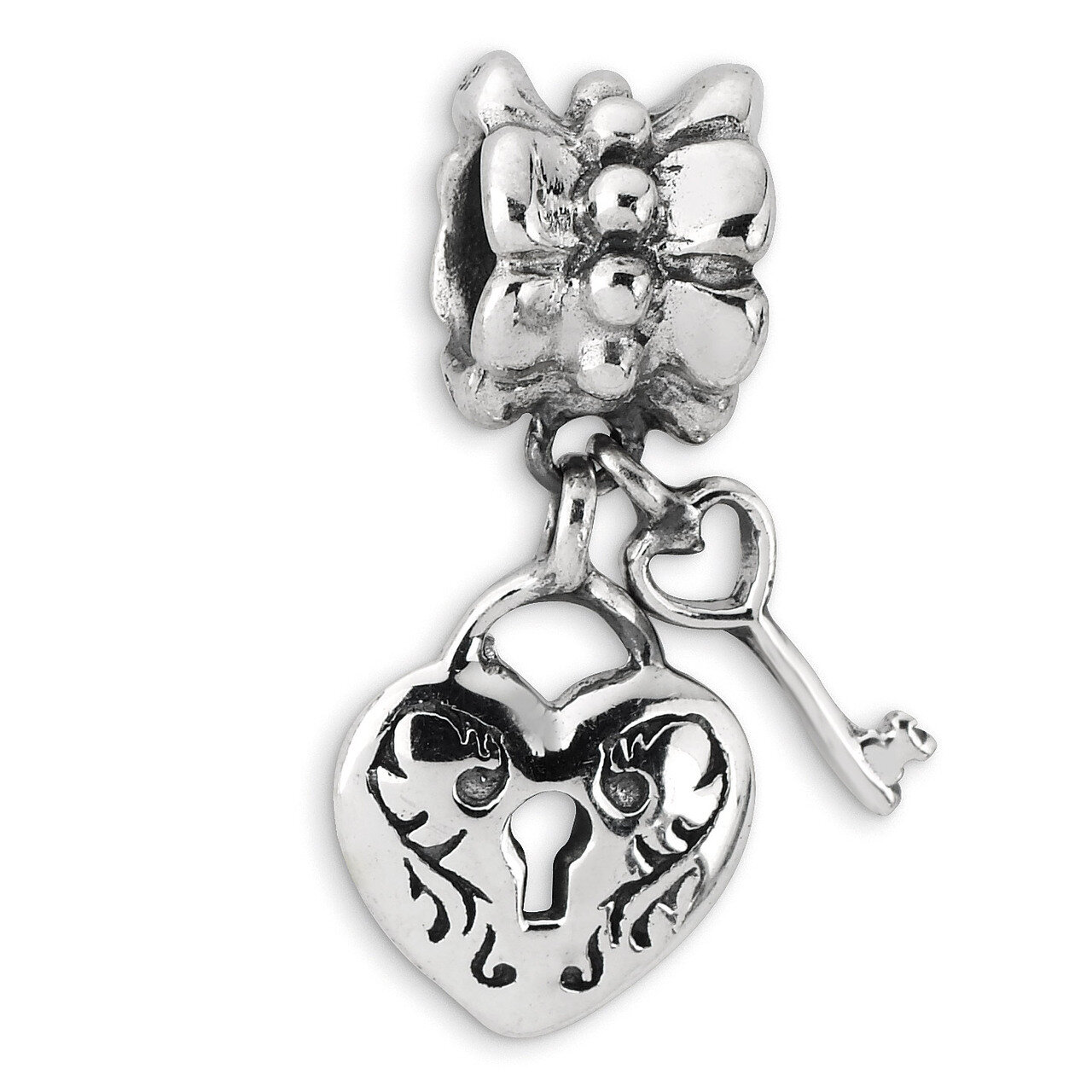 Heart & Key Dangle Bead - Sterling Silver QRS1947