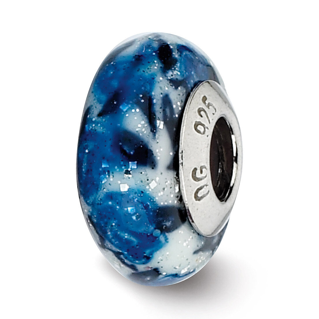 Blue Rose Glitter Overlay Glass Bead - Sterling Silver QRS2204