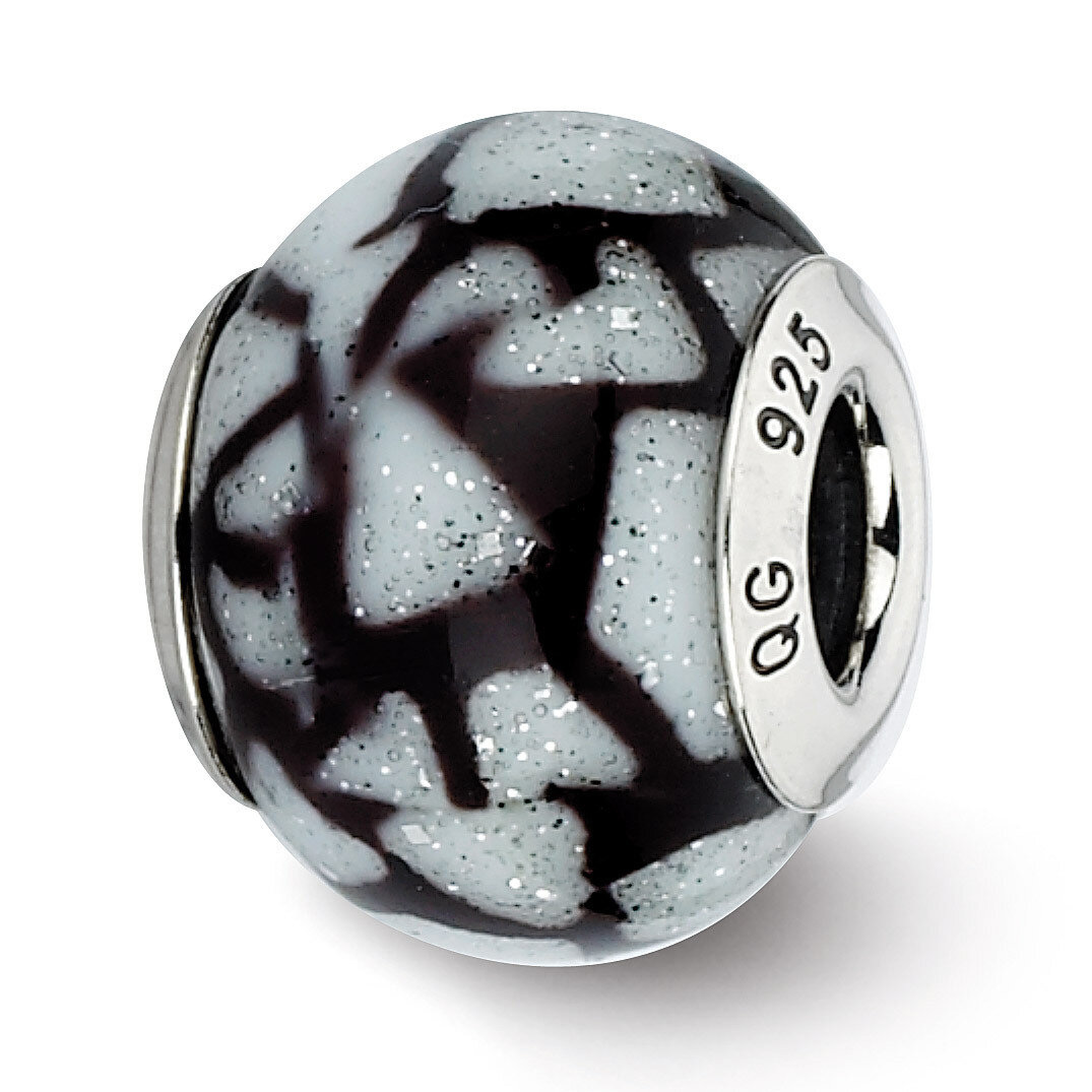 White Black with Glitter Overlay Glass Bead - Sterling Silver QRS2271, MPN: QRS2271, 883957513621