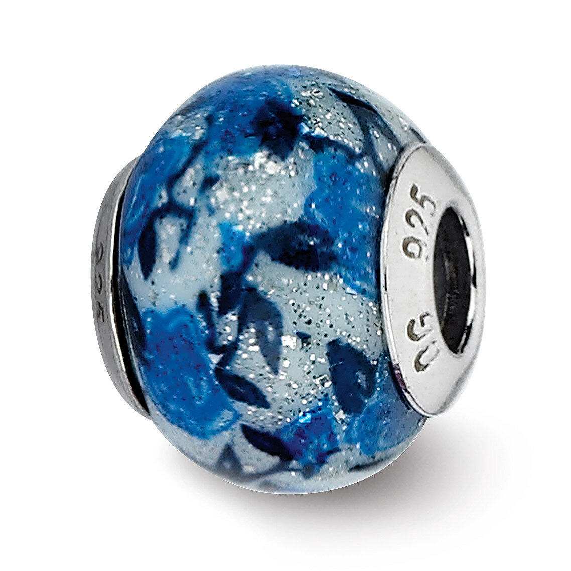 Blue Rose Glitter Overlay Glass Bead - Sterling Silver QRS2280