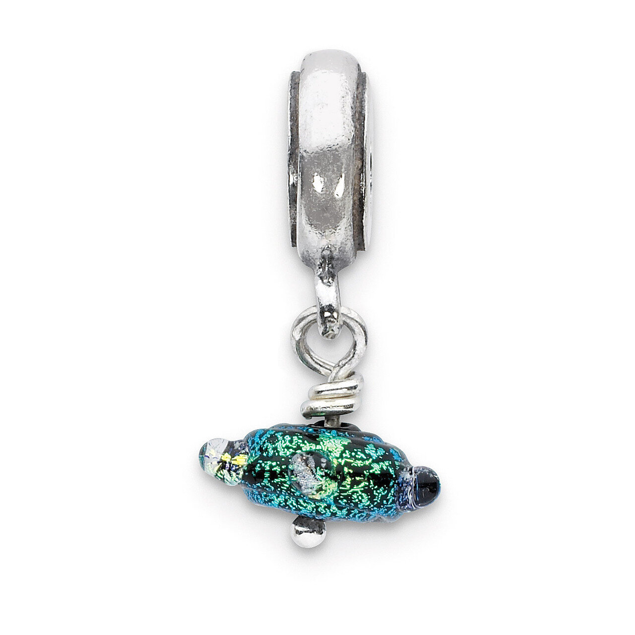 Green Dichroic Glass Dangle Bead - Sterling Silver QRS2326
