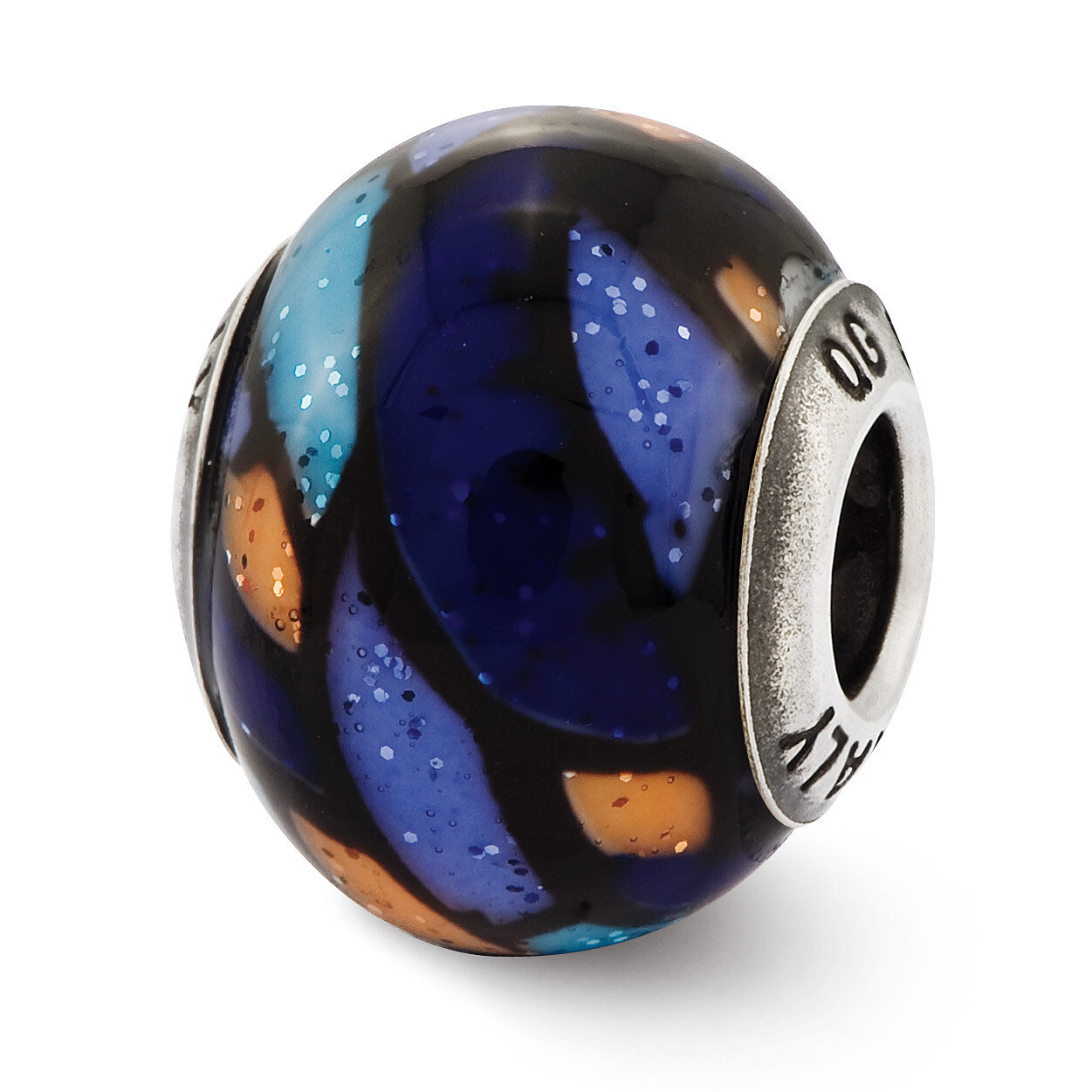 Blue Decorative Overlay Glass Bead - Sterling Silver QRS2483