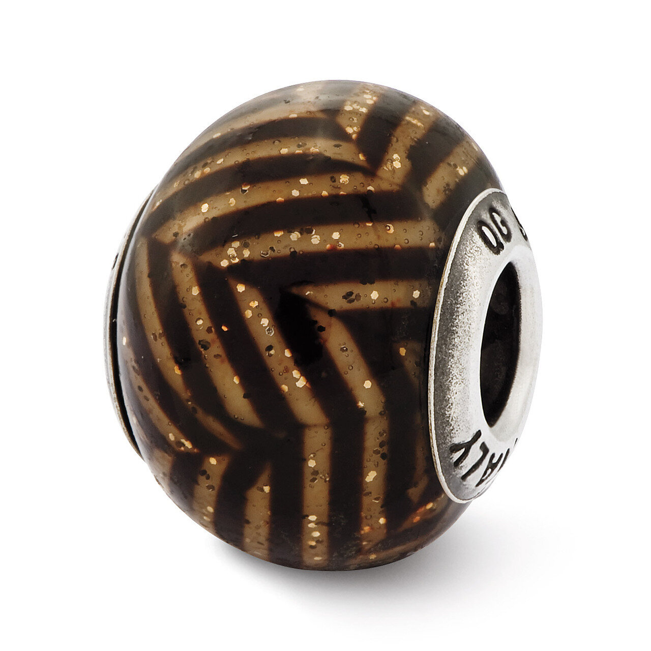 Brown Stripes with Glitter Glass Bead - Sterling Silver QRS2510