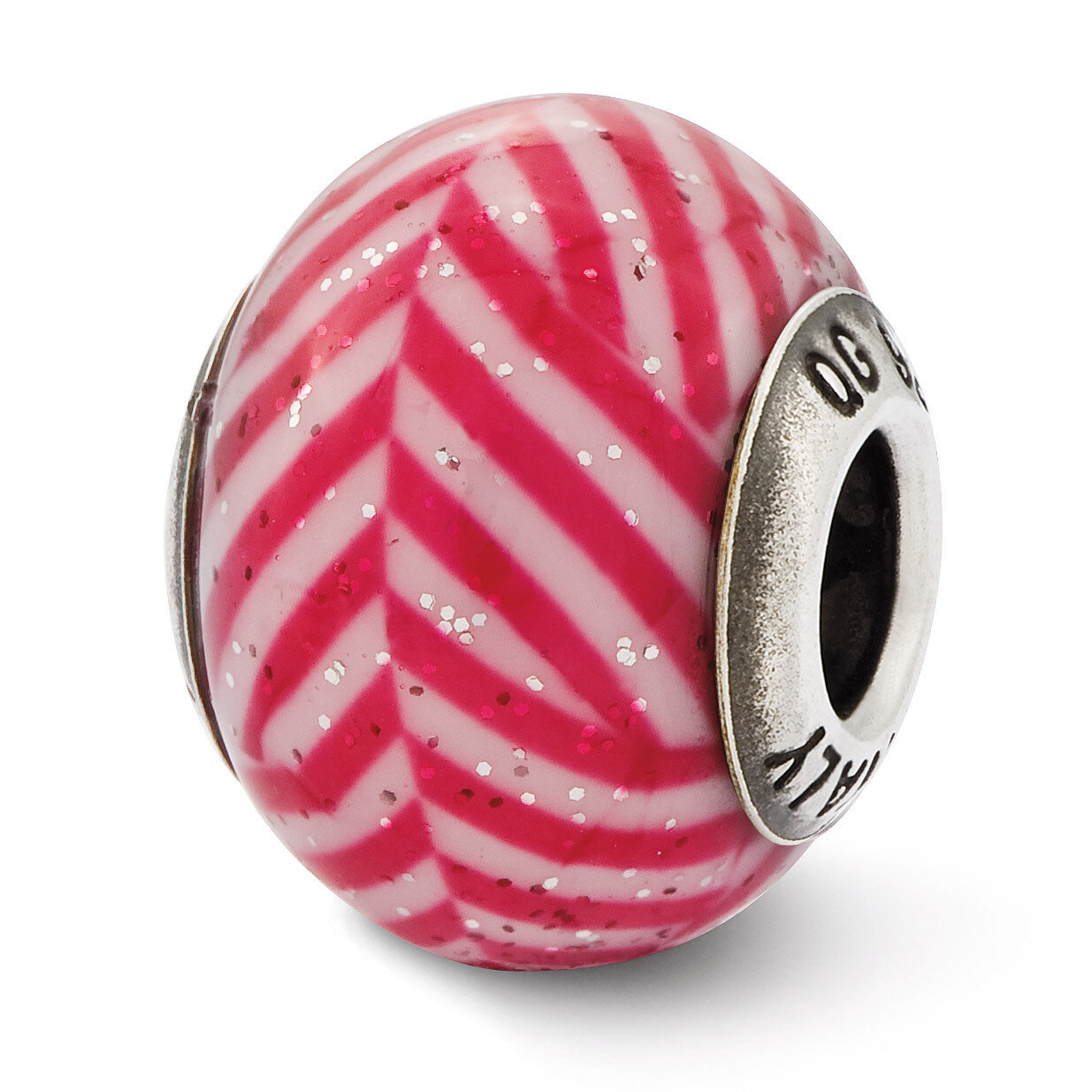 Pink Stripes with Glitter Glass Bead - Sterling Silver QRS2511