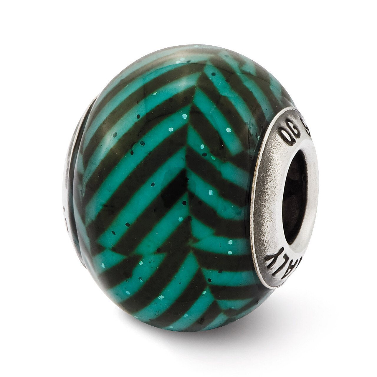 Teal Stripes with Glitter Glass Bead - Sterling Silver QRS2512